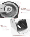 Premium Barn Door Floor Guide Roller Slider Kit With Ridiculously Slick Caster Wheels And Quick Fit Mounting Screws showing a close-up of lower door pulley and mounting bracket.
