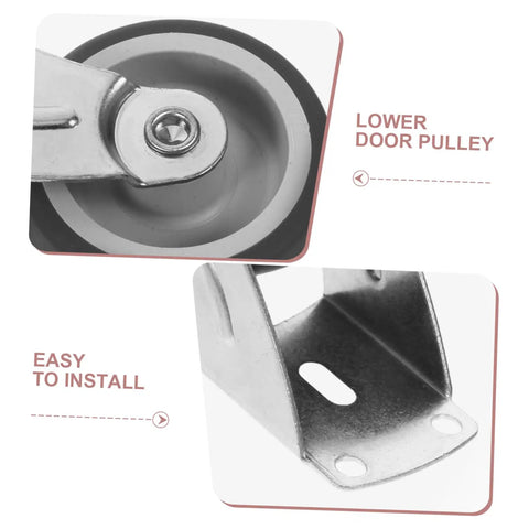 Premium Barn Door Floor Guide Roller Slider Kit With Ridiculously Slick Caster Wheels And Quick Fit Mounting Screws showing a close-up of lower door pulley and mounting bracket.