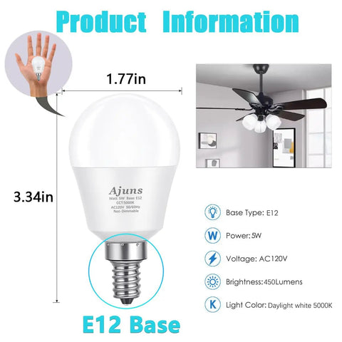 Diagram showing Crazy Bright Daylight LED Bulbs For Ceiling Fans And Chandeliers, 5W Replacement For 40W Incandescents, E12 Candelabra Base, 5000K Daylight White
