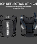 Front and back view of Ultra Lightweight Hydration Backpack For Women With 1.5L Water Bag No Bounce Running Vest at night