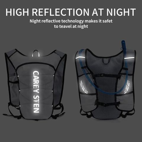 Front and back view of Ultra Lightweight Hydration Backpack For Women With 1.5L Water Bag No Bounce Running Vest at night