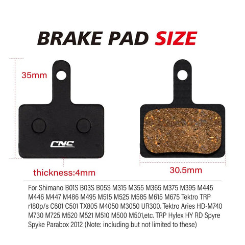Resin bike brake pads for Shimano Deore B01S B03S B05S with 35mm height and 30.5mm width, featuring 4mm thickness and detailed texture.