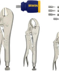 Vise-Grip Fast Release Locking Pliers Set with Free 8-in-1 Multi-Tool and Bonus 9-in-1 Screwdriver, shown with pliers and bits.