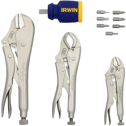 Vise-Grip Fast Release Locking Pliers Set with Free 8-in-1 Multi-Tool and Bonus 9-in-1 Screwdriver, shown with pliers and bits.