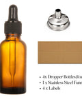 4 Pack 30ml Dark Amber Glass Dropper Bottles With 1 Funnel And 4 Labels including bottle, funnel, and labels
