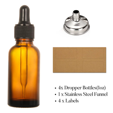 4 Pack 30ml Dark Amber Glass Dropper Bottles With 1 Funnel And 4 Labels including bottle, funnel, and labels