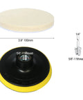 4 Inch Wool Felt Polishing Pad Buffing Wheel Kit for Drill, pad dimensions and threaded adapter detail