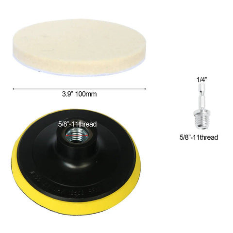 4 Inch Wool Felt Polishing Pad Buffing Wheel Kit for Drill, pad dimensions and threaded adapter detail