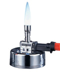 Electronic Ignition Portable Bunsen Burner With 35g Fuel Capacity, stainless steel body with blue flame, ideal for welding and cooking.
