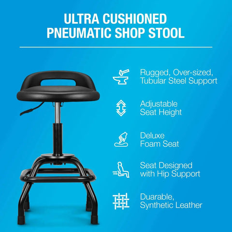 Backrest Shop Stool For Garage And Workshop Adjustable 22 To 28 Inches 360 Swivel With Footrest Padded Seat And Lumbar Support