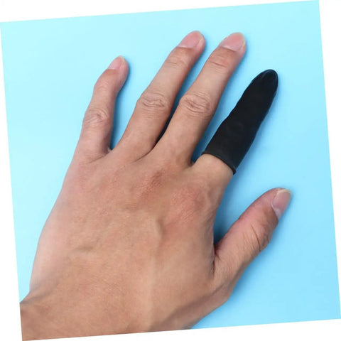 Hand wearing a black latex finger cot, part of the 1000 Pack Antistatic Finger Cots Providing A No Sweat Grip That Shields Precise Electronics.