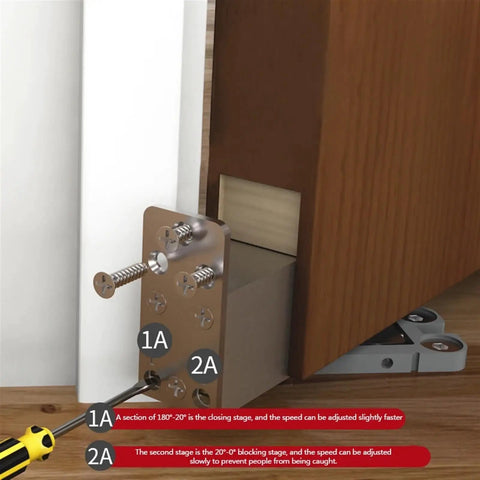 Heavy Duty Hidden Door Hinge Featuring Hydraulic Auto Cushion Closer For Solid Wood Doors with screws and adjustment details.
