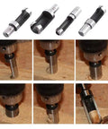 Close-up of Top Shelf 8 Piece Wood Plug Cutter And Tapered Drill Bit Set Built Tough From Carbon Steel, showing drilling process in wood.