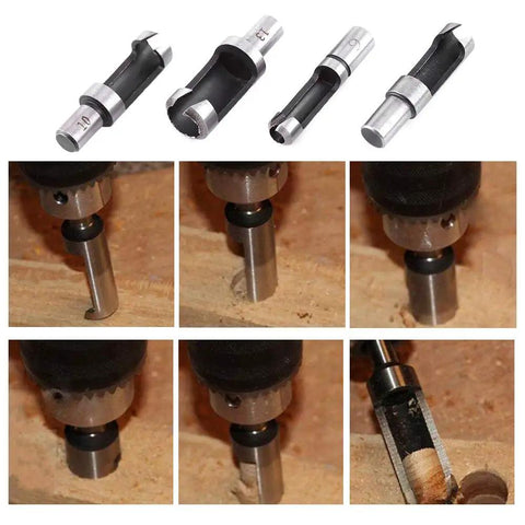 Close-up of Top Shelf 8 Piece Wood Plug Cutter And Tapered Drill Bit Set Built Tough From Carbon Steel, showing drilling process in wood.