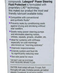LUBEGARD Power Steering Fluid Protectant bottle, details on use, enhances fluid performance, fits high mileage steering systems.