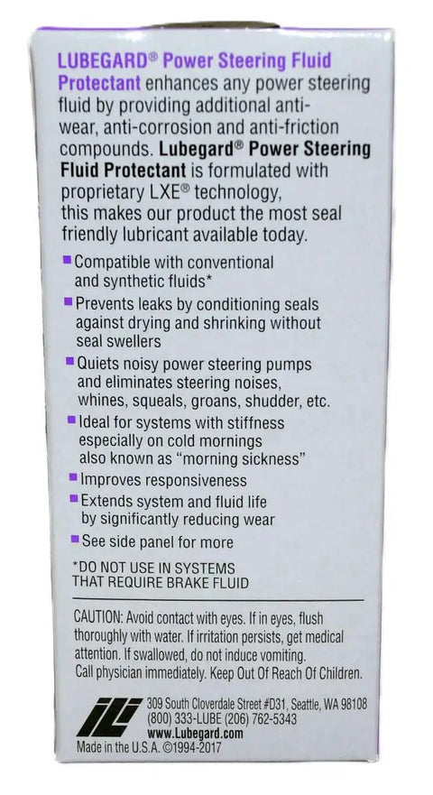 LUBEGARD Power Steering Fluid Protectant bottle, details on use, enhances fluid performance, fits high mileage steering systems.