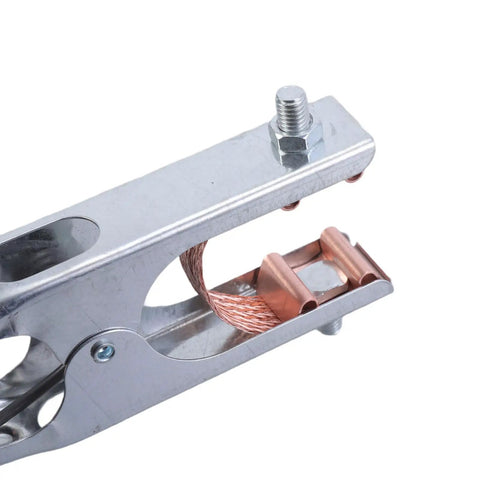 Close-up of Multifunction 500A Ground Clamp With Ergonomic Grip showing copper wire and metal construction for TIG Plasma Cutting.