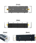 Front, side, detail, and back views of the 6 Pack 18650 Battery Holder With Side Covers Transparent Case No Soldering Brass Contacts