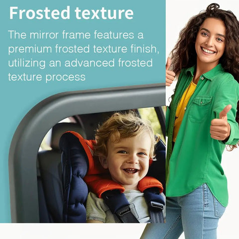 Two-Pack Baby Car Mirror For Rear-Facing Infants, shown with frosted texture finish, toddler smiling in car seat, woman standing beside.
