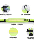 Two Pack Rechargeable LED Work Light Set with 525mm COB, magnetic base, hooks, clamps; shown in detail with 3000 lumens specifications.