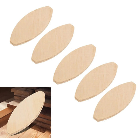 Premium Solid Core Wood Biscuits 100 Count Size 20 for Rock Solid Joints shown in packs, engineered for woodworking projects.