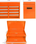 Heavy Duty Tool Cart With Five Drawers On Wheels, Tool Chest Organizer For Garage, Shop And Warehouse Use, Locking Drawers For Security, Tough As Nails Orange Mobile Toolbox with open and closed views, dimensions visible.