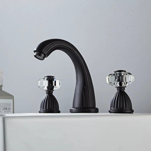 Black Three Hole Widespread Bathroom Faucet With Two Crystal Handles For Vintage Lavatory Sink, Brass Lead Free Body