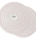 Top Shelf 6 Inch White Cotton Buffing Wheels 2 Pack With 5 8 Inch Arbor Hole Hella Thick 1 Inch Construction on white background.