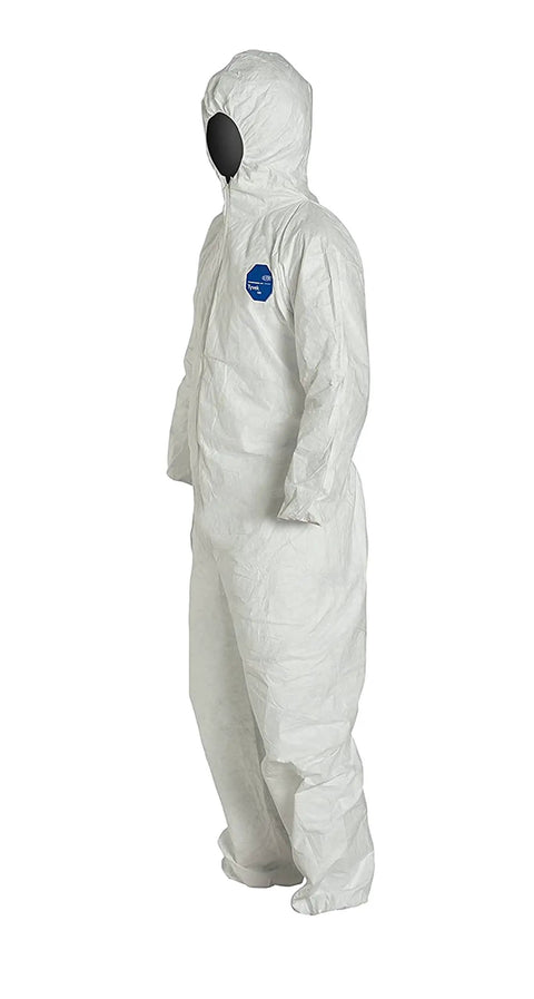 Side view of Tyvek 400 Hooded Coveralls With Elastic Wrists And Ankles For All Day Comfort And Tear Resistant Protection, Breathable Disposable Suit