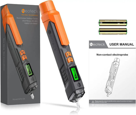 Non Contact AC Voltage Tester For DIYers With Adjustable Sensitivity 12-1000V And 48-1000V LCD Display Buzzer Alarm Live And Null Wire Detector Wire Breakpoint Finder CE CAT III 600V RoHS with box, batteries, and manual