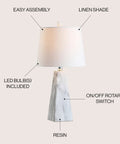 White Marble Look Resin Table Lamp With Faceted Contemporary Design, Cool Bedside Lamp For Bedroom Or Living Room, White Linen Shade, LED Bulb Included, ETL Listed, 120 Volt, showing easy assembly and rotary switch.