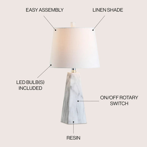 White Marble Look Resin Table Lamp With Faceted Contemporary Design, Cool Bedside Lamp For Bedroom Or Living Room, White Linen Shade, LED Bulb Included, ETL Listed, 120 Volt, showing easy assembly and rotary switch.