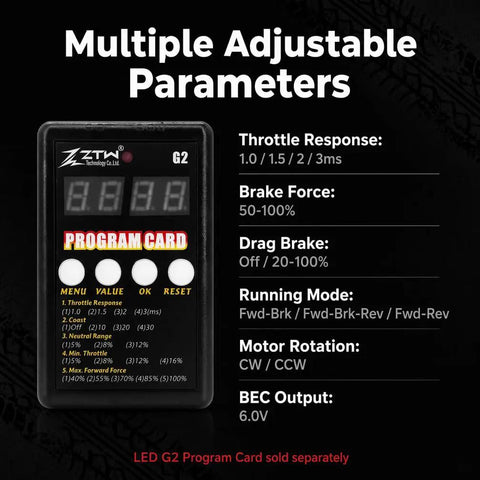 ZTW G2 Program Card for 60A Sensorless Brushless ESC For 1 To 10 Scale RC Cars Trucks Buggy Truggy 2S To 3S LiPo Compatible SBEC