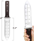 Hori Hori Garden Knife With Leather Sheath And Handguard Pro Grade 440 Stainless Steel Blade showing size and depth scale