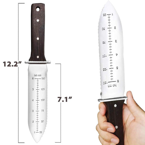 Hori Hori Garden Knife With Leather Sheath And Handguard Pro Grade 440 Stainless Steel Blade showing size and depth scale