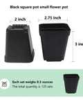 Square Seed Starter Pots 3 Inch 120 Pack Black Plastic Nursery Pots With Drainage, dimensions shown, for seed germination.
