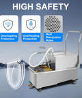 Niakidd Commercial Deep Fryer Oil Filter Machine Stainless Steel Portable Grease Strainer showing safety features like overheating protection.