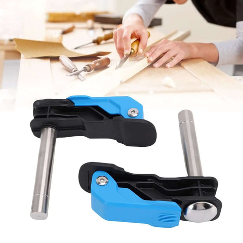 Two Pack Adjustable 19mm Bench Dog Hole Clamps For Woodworking Workbench Durable Engineered Plastic And Stainless Steel Construction For Long Lasting Performance And Secure Hold shown against woodworking scene