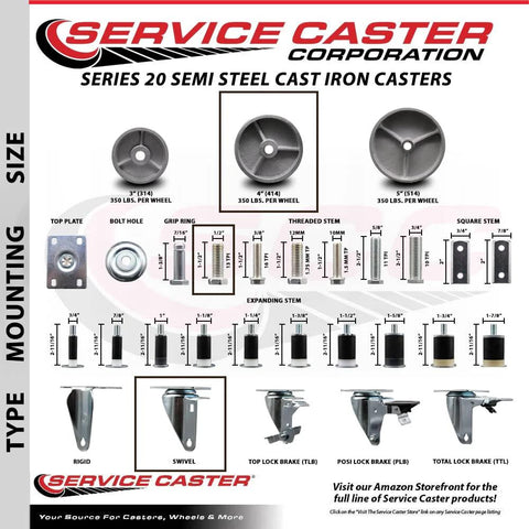 Service Caster swivel threaded-stem caster set of 4 with 4 in wheels and 1/2 in stems; silver wheels, 1200 lb total capacity.