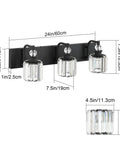 Three Light Black Crystal Vanity Lights for Bathroom Over Mirror showing dimensions and sleek matte black finish.