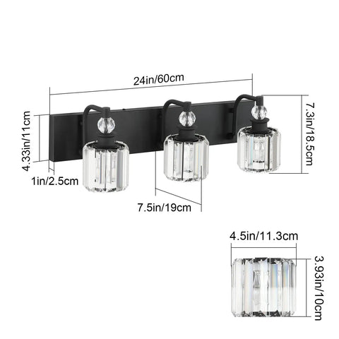 Three Light Black Crystal Vanity Lights for Bathroom Over Mirror showing dimensions and sleek matte black finish.