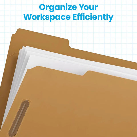 No Sweat Manila File Folders With 2 Prong Fasteners For Secure Paper Storage And Smooth Daily Organization Pack Of Fifty one third cut tab brown paper files stacked with documents.