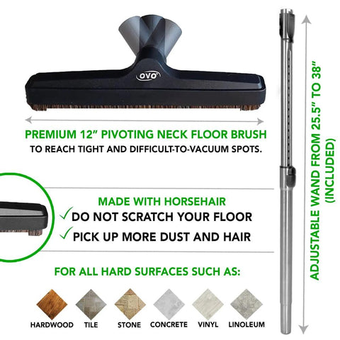 OVO central vacuum deluxe plus kit: 12-inch pivoting neck floor brush with adjustable wand (front view)