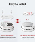 Easy installation options for Top Shelf Smoke Detectors With Ten Year Sealed Lithium Battery, showing drilling and no-drilling methods.