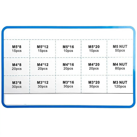 Chart of sizes and quantities for Grab This Pro Grade Hex Head Screw And Nut Kit In 304 A2 Stainless Steel, 12 Sizes M3 M4 M5.