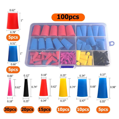 100 Count Silicone Rubber Tapered Plugs Set One Sixteenth To Five Eighths Inch Universal Size High Temperature Resistant in clear box
