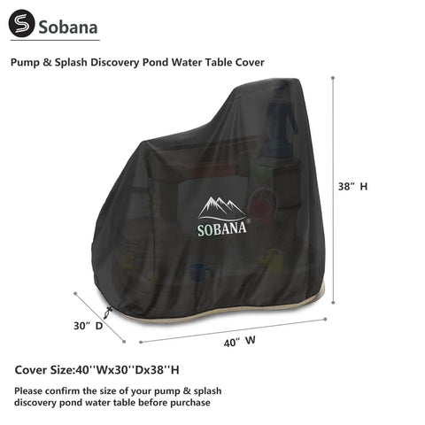 Side view of a black durable kids water table cover for pump and splash discovery pond, 600D Oxford fabric, fits 30L x 40W x 38H inches.