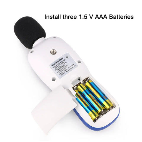 Portable SPL Meter With Digital Noise Level Gauge 30 To 130 dB A Range For Pro Grade Sound Pressure Measurements In Music Recording Studios Offices Home Industrial Noise Monitoring And More, rear battery compartment with AAA batteries