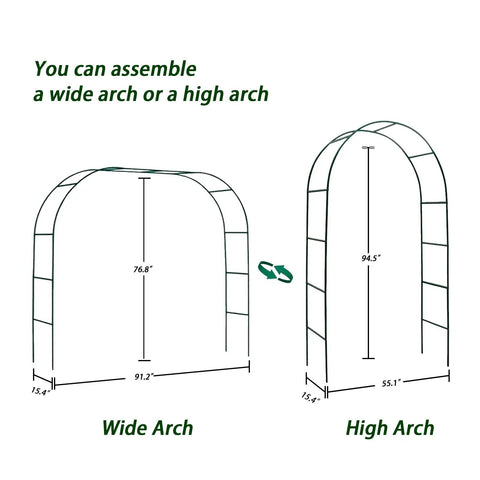 Diagram showing dimensions and dual shape design of sturdy metal garden arch trellis for climbing plants, with easy assembly options.