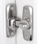 Two Pack Silvery 90 And 180 Degree Barn Door Lock Zinc Alloy Right Angle Door Latch installed on white door